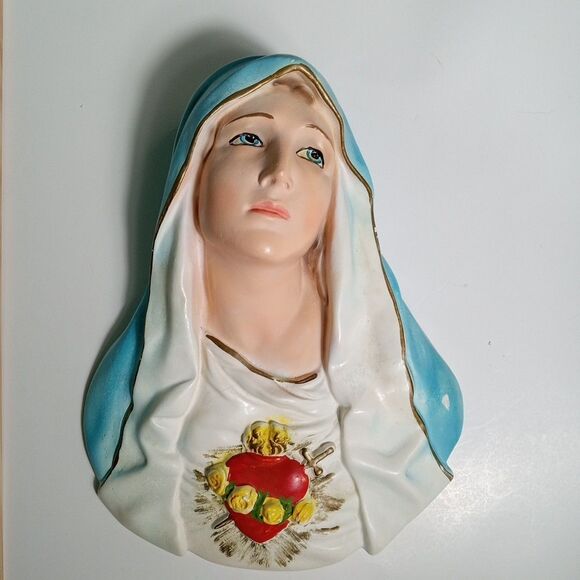 Vintage Immaculate Heart of Mary Chalkware Plaque Wall Hanging 13" Hand Painted - Picture 1 of 9